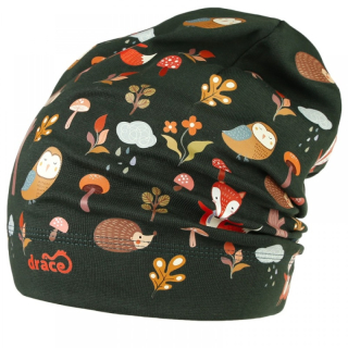 Spadlá bavlněná čepice Dráče Pepe - vzor 11, lesní zvířátka, lahvově zelená